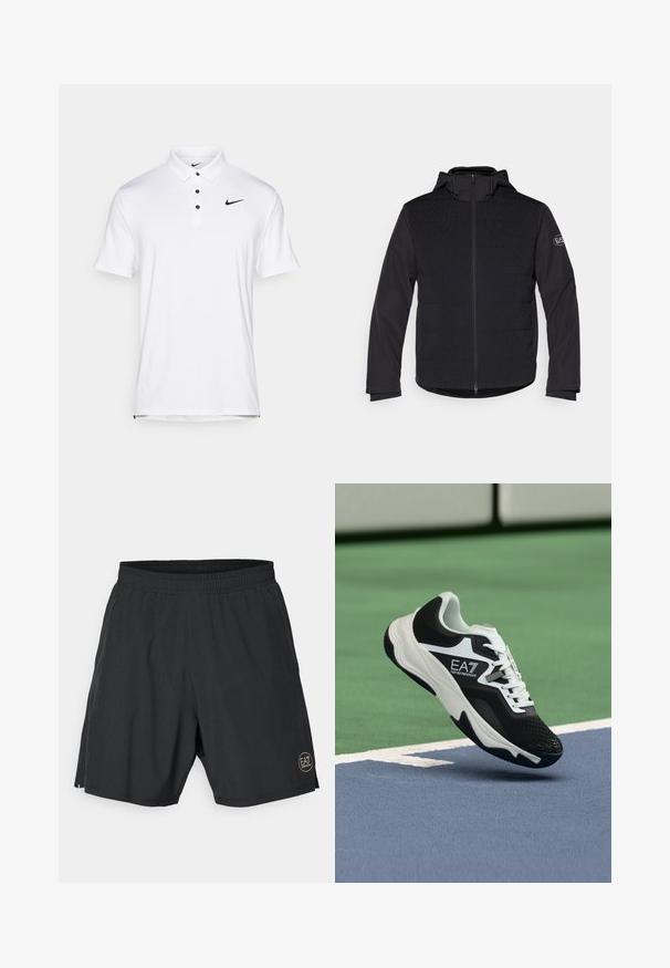 Casaco acolchoado preto com fecho de correr completo, capuz e painéis texturizados em contraste. Apresenta um emblema no braço esquerdo e mangas longas.; Camisa polo branca da Nike com colarinho clássico, três botões pretos e um pequeno logótipo preto no lado superior esquerdo. Mangas curtas, textura suave.; Calções atléticos pretos feitos de um tecido leve, com uma cintura elástica e um logótipo circular dourado na parte inferior direita.; Ténis EA7 Emporio Armani a preto e branco suspenso acima das linhas azuis e verdes de um tribunal de ténis.