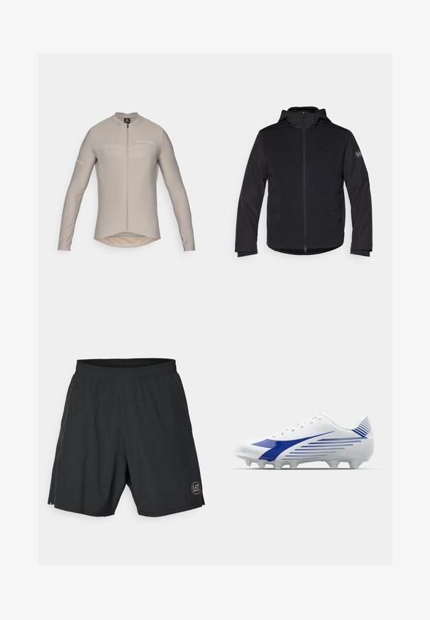 Schwarze gepolsterte Jacke mit vollem Reißverschluss, Kapuze und kontrastierenden strukturierten Einsätzen. Sie verfügt über ein Logopatch am linken Arm und lange Ärmel.; Hellbeige Radtrikot mit langen Ärmeln, hohem Kragen, Frontreißverschluss und dezenten Logodetails. Verfügt über einen verlängerten Saum und eine glatte Stofftextur.; Schwarze Sportshorts aus leichtem Material, mit einem elastischen Bund und einem goldenen runden Logo auf der unteren rechten Seite.; Weiße Fußballschuhe mit blauen Akzenten, ausgestattet mit einem strukturierten Obermaterial, runder Zehenpartie und kontrastierenden diagonalen Streifen an der Seite.