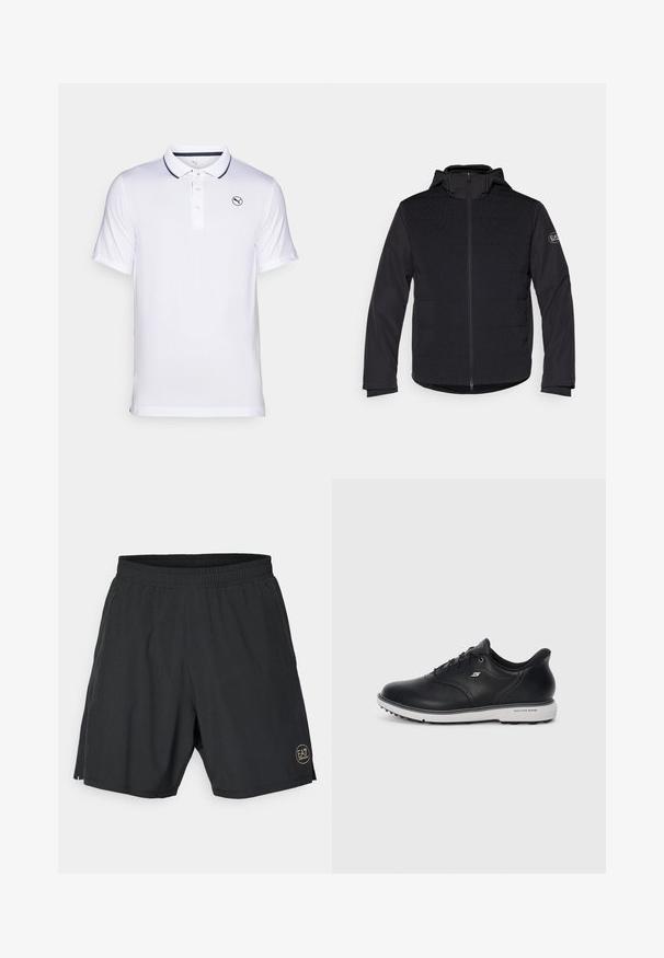 Černá zateplená bunda s plným zipem, kapucí a kontrastními texturovanými panely. Obsahuje logo nášivku na levém rukávu a dlouhé rukávy.; Bílá polo košile s klasickým límcem, tříknoflíkovým zapínáním a námořnickými akcenty v prošívání. Obsahuje malé logo na levé straně.; Černé sportovní šortky vyrobené z lehkého materiálu, s elastickým pasem a zlatým kulatým logem na dolní pravé straně.; Černé kožené tenisky Skechers na šněrování s bílou podrážkou, bočním logem a texturovanou podrážkou proti světlému jednobarevnému pozadí.