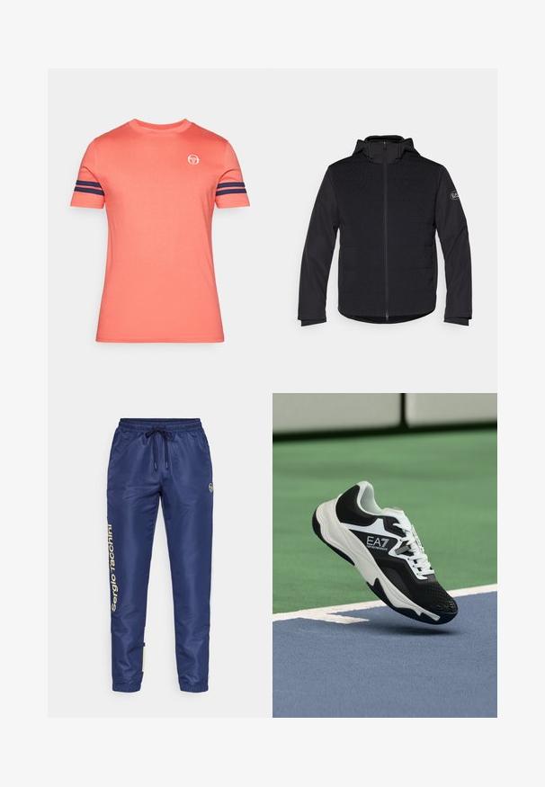 Black padded jacket with a full zipper, hood, and contrasting textured panels. Features a logo patch on the left arm and long sleeves.; Short-sleeve, crew neck t-shirt in coral, featuring navy blue stripes on sleeves and a small logo on the chest. Soft cotton fabric.; Navy blue track pants with a drawstring waist, elastic cuffs, and gold branding along the left side. Made from smooth, lightweight fabric.; Black and white EA7 Emporio Armani sneaker suspended above blue and green tennis court lines.