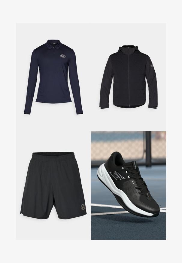 Μαύρο πουπουλένιο μπουφάν με πλήρη φερμουάρ, κουκούλα και αντίθετες υφασμάτινες επενδύσεις. Περιλαμβάνει λογότυπο ραμμένο στον αριστερό βραχίονα και μακριά μανίκια.; Ναυτικό πόλο μπλούζα με μακριά μανίκια και κολάρο με φερμουάρ, φτιαγμένη από υφασμάτινη υφή, με το λογότυπο EA7 στο αριστερό στήθος. Μονοχρωμία, μινιμαλιστικός σχεδιασμός.; Μαύρες αθλητικές βερμούδες κατασκευασμένες από ελαφρύ ύφασμα, με ελαστική μέση και χρυσό κυκλικό λογότυπο στο κάτω δεξί μέρος.; Μαύρα αθλητικά παπούτσια με υφή στην επάνω πλευρά, λευκές λεπτομέρειες και μαλακή λευκή σόλα. Διαθέτουν κορδόνια και διάτρητο σχέδιο για καλύτερη αναπνοή.