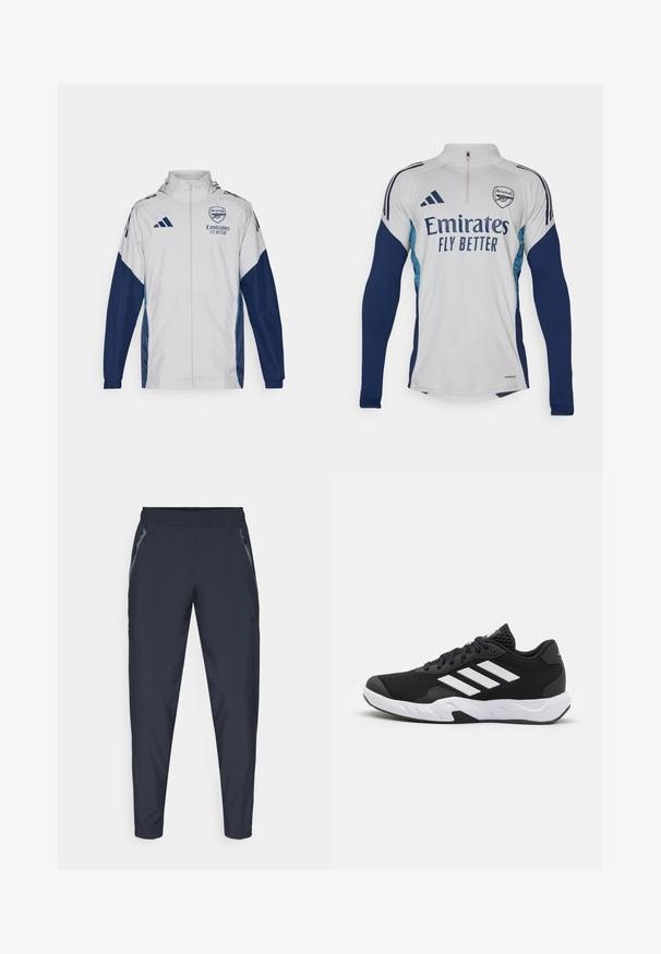 Valkoinen urheilu-ulkoilujakki, jossa on tummansiniset korostukset. Varustettu täyspitkällä vetskulla, hupulla ja logo-yksityiskohdilla. Valmistettu kevyestä, vettä hylkivästä materiaalista.; Valkoinen pitkähihaine paita, jossa on tummansinisiä yksityiskohtia, puolivälin vetoketju kauluksessa, jossa on "Emirates Fly Better" -logo ja Arsenalin seura-logo.; Navy urheiluhousut, jotka on valmistettu kevyestä kankaasta, joissa on kaksi sivutaskua vetoketjulla, joustava vyötärö ja kapenevat lahkeet, jotka tarjoavat tyylikkään istuvuuden.; Mustat urheilukengät, joissa on teksturoitu verkkomateriaali yläosassa, valkoiset korostusraidat, pehmustettu pohja ja vahvistettu kanta tuen vuoksi.