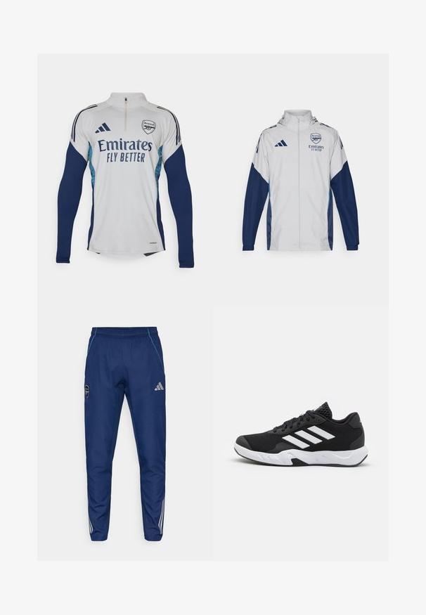Balta sportinė striukė su tamsiai mėlynomis detalėmis, turi pilną užtrauktuką, gobtuvą ir logotipo detales. Pagaminta iš lengvo, vandeniui atsparaus medžiagos.; Balta ilgomis rankovėmis maikutė su tamsiai mėlynomis detalėmis, pusiau užtraukiama apykakle, atitinkanti „Emirates Fly Better“ logotipą ir Arsenal klubo emblemą.; Jūriniai džinsai pagaminti iš lengvos medžiagos, turintys mėlyną akcentą, logotipo etiketes ir tris baltas juosteles palei apatines kojas.; Juodi sportiniai batai su tekstūruotu tinkliniu paviršiumi, baltais akcentų dryžiais, paminkštintu padu ir sustiprintu kulnu paramai.