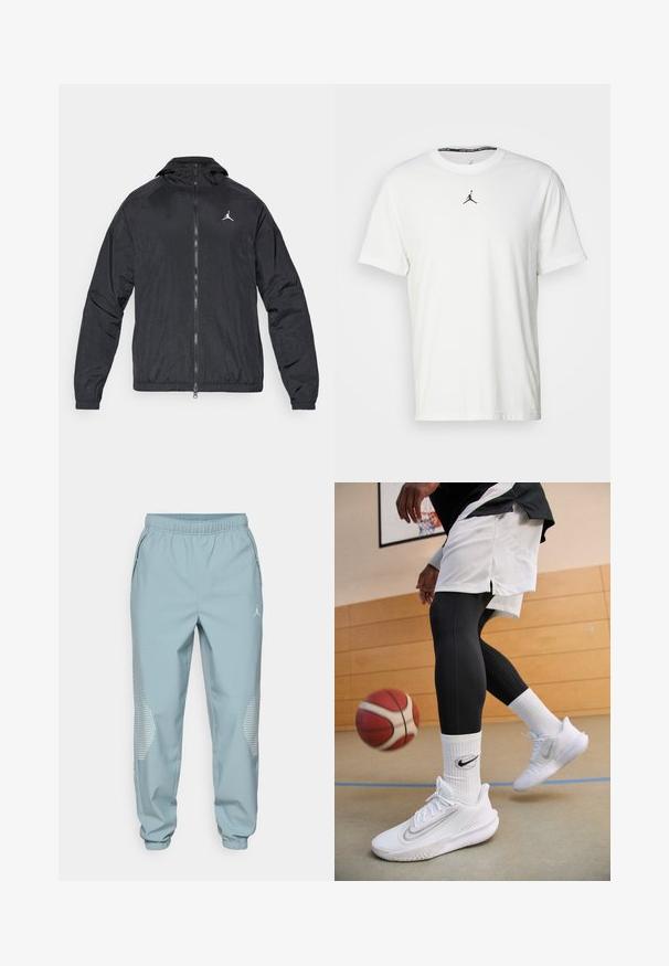 Veste coupe-vent noire, en matériau léger, fermeture éclair à l'avant, capuche, poignets élastiques, surface texturée discrète, avec un petit logo blanc sur la poitrine.; T-shirt blanc à manches courtes en coton, arborant un logo Jumpman noir sur la poitrine et un col rond avec une étiquette intérieure noire.; Jogging en bleu clair avec une taille élastique, poches latérales et accents réfléchissants en points sur les jambes inférieures.; Nike Performance PRECISION 7 - Chaussures de basket - white/light smoke grey/photon dust