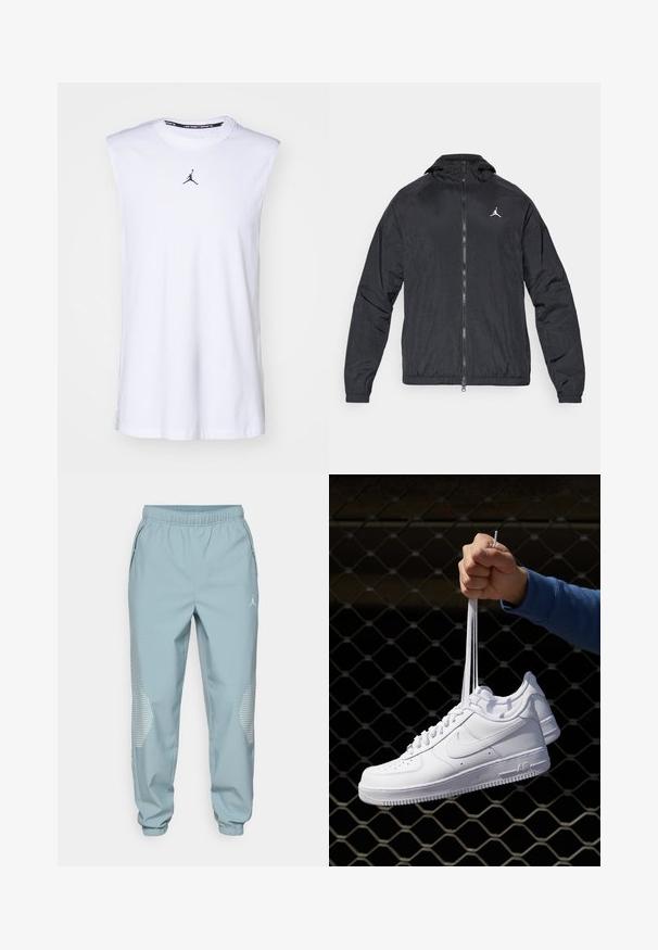 Svart vindjacka, lätt material, dragkedja fram, huva, elastiska ärmslut, diskret strukturerad yta, med en liten vit logotyp på bröstet.; Vit ärmlös t-shirt i bomull med rundad halsringning. Har en liten svart Jordan-logga på bröstet och slitser på sidorna av fållen.; Ljust blå träningsbyxor med elastisk midja, sidofickor och reflekterande prickiga detaljer på de nedre benen.; Vita lädersneakers med perforeringar, rund tå, platt sula och tjocka snörning, med en synlig swoosh-logga och "AIR" på hälen.