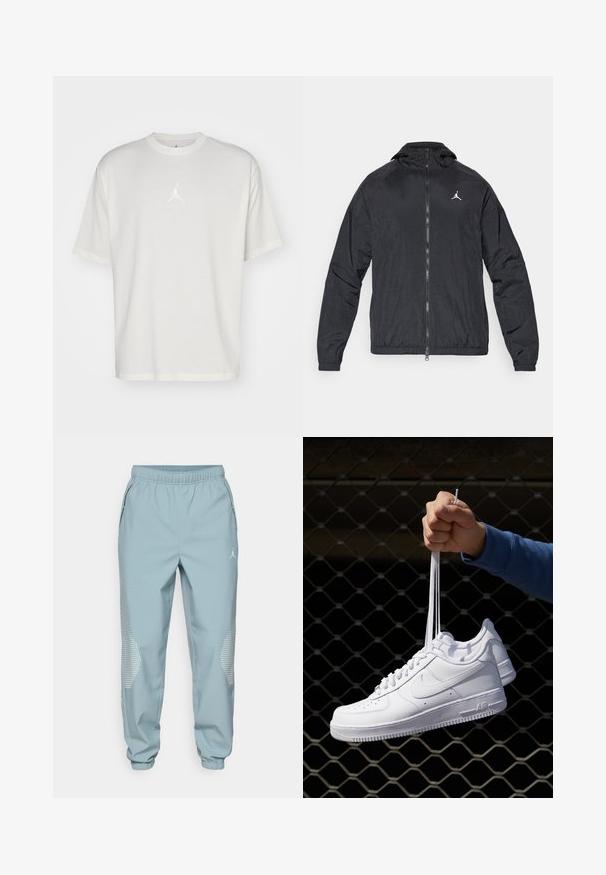 Musta tuulitakki, kevyt materiaali, vetoketjusuljenta edessä, huppu, joustavat hihansuut, hienovaraisesti teksturoitu pinta, jossa on pieni valkoinen logo rinnassa.; Valkoinen puuvillainen T-paita, jossa on pyöreä kaula-aukko, lyhyet hihat ja pieni brodeerattu logo keskellä. Löysä malli, jossa on minimaalista ompelua.; Vaaleansiniset urheilushortsit, joissa on joustava vyötärö, sivutaskut ja heijastavat pistekoristeet alavarsissa.; Valkoiset nahkasneakersit, joissa on rei'ityksiä, pyöreä kärki, tasapohja ja paksut nauhat, joissa on näkyvä swoosh-logo ja "AIR" kantapäässä.