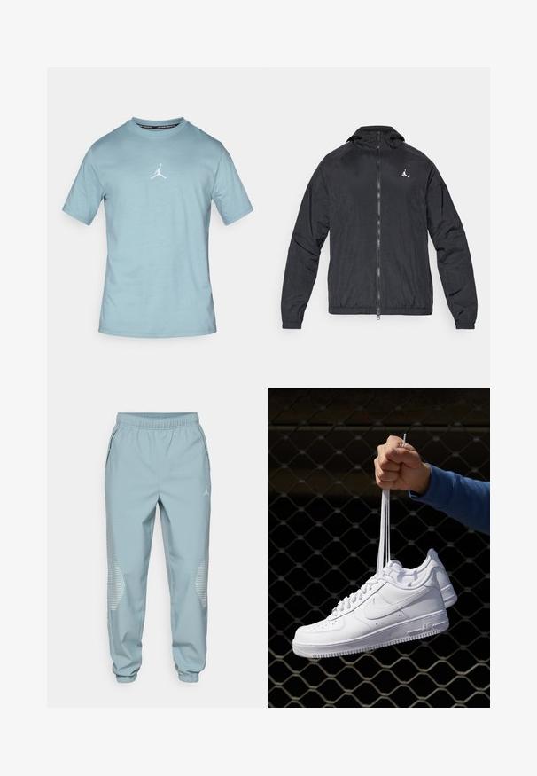 Casaco corta-vento preto, material leve, fecho de correr à frente, capuz, punhos elásticos, superfície texturizada discreta, apresentando um pequeno logótipo branco no peito.; T-shirt de manga curta azul claro feito de algodão. Apresenta um logo Jumpman branco centrado no peito. Design de gola redonda e textura suave.; Calças de desporto azul claro com cintura elástica, bolsos laterais e detalhes refletivos em forma de pontos nas pernas inferiores.; Sapatilhas de couro branco com perfurações, biqueira redonda, sola plana e atacadores grossos, apresentando um logotipo swoosh visível e "AIR" no calcanhar.