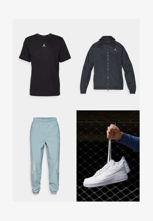 Juodas vėjo apsiaustas, lengvas audinys, užtrauktuko priekyje, su kapišonu, elastinėmis rankovėmis, subtiliu tekstūriniu paviršiumi, turintis mažą baltą logotipą ant krūtinės.; Juodas medvilnės marškinėliai trumpomis rankovėmis, apvaliu kaklu, su baltu Jumpman logotipu krūtinės centre ir sklandžia, lengva tekstūra.; Šviesiai mėlynos sportinės kelnės su elastinga juosmens juosta, šoninėmis kišenėmis ir atspindinčiomis taškinėmis detalėmis ant apatinių šonų.; Balti odiniai sportiniai bateliai su perforacijomis, apvalia nosimi, plokščiu padu ir storomis raištelėmis, su matomu swoosh logotipu ir "AIR" ant kulno.