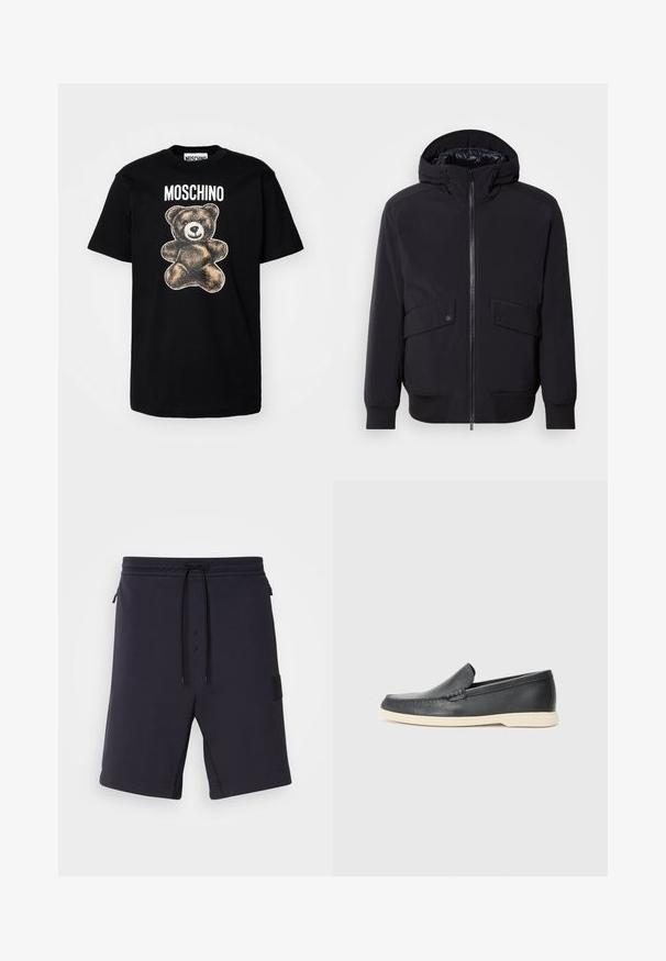 Veste à capuche noire en tissu lisse, dotée d'une fermeture éclair à l'avant, de deux poches à bouton-pression et de poignets et d'un ourlet côtelés.; T-shirt en coton noir présentant un graphique d'un ours en peluche dans des tons bruns et le mot "MOSCHINO" en blanc au-dessus. Col rond et manches courtes.; Shorts bleu marine foncé avec une texture lisse, une taille élastique, un cordon de serrage et des poches latérales. Présente un patch logo noir sur le côté.; Mocassins noirs en cuir à enfiler avec une finition texturée et une semelle en caoutchouc beige contrastante. Présente un accent subtil sur le devant.