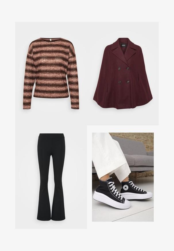 Burgundy wool blend cape with a double-breasted design, notched collar, large black buttons, and two side pockets.; Brown and pink striped long-sleeve sweater made of soft, textured fabric with a wide neckline and relaxed fit.; Black flared pants made of stretchy fabric, featuring a high waistband and a smooth texture. The pants flare out from the knee.; Black canvas high-top sneakers with white rubber soles and laces. Features a circular logo on the side and contrasting white stitching.
