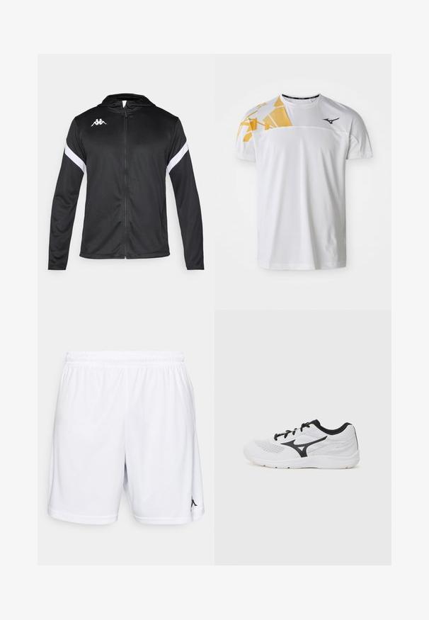 Kappa Treniņjaka - black/white; Balts sporta krekls ar ģeometrisku dzeltenu dizainu uz viena pleca, gluda tekstūra, apaļa kakla izgriezums un tumši pelēks logo.; Baltas sporta šorts, izgatavoti no viegla auduma, ar elastīgu jostasvietu un melnu logotipa akcentu apakšējā kreisajā kājā.; Baltās sporta kurpes ar melniem akcentiem, sieta audums, auklas dizains, noapaļota purngala forma un teksturēta zole. Uz sāna ir logo.