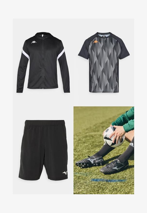 Kappa Sportinė striukė - black/white; Juodas sportinis marškinėliai su geometriniu juostuotu raštu pilkos ir baltos spalvos, su oranžiniu logotipu kairiajame petyje. Trumpomis rankovėmis.; Juodos sportinės šortai su elastinga juosta, pagaminti iš lengvos medžiagos, su maža balta logo dešiniajame apatinėje pusėje.; Juodi futbolo batai su pilkiais akcentais ir tekstūruotais paviršiais, ilsintys ant žalios dirbtinės žolės. Juodas ir baltas futbolo kamuolys, laikomas rankose.