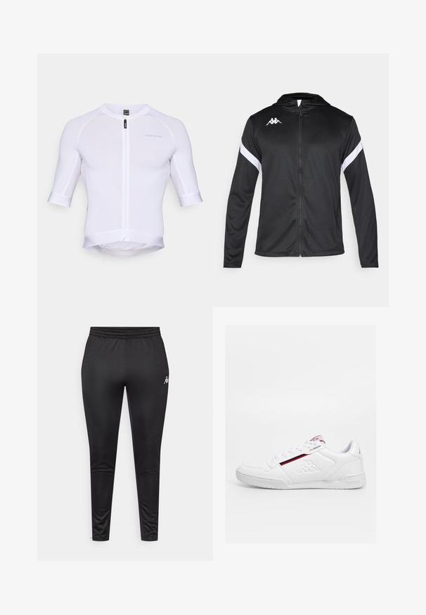 Kappa Veste de survêtement - black/white; Maillot de cyclisme blanc à manches courtes avec une fermeture éclair à l'avant, présentant une coupe ajustée, une texture lisse et des logos discrets sur la poitrine.; Pantalon de sport noir en tissu lisse et extensible, avec une taille élastique et un logo blanc sur la cuisse gauche.; Baskets blanches avec laçage, tige en synthétique texturé, détail de rayures rouges et bleues, et logo embossé sur le côté.