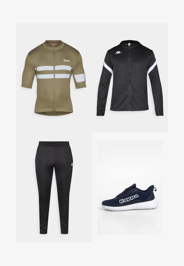 Kappa Treniņjaka - black/white; Olivza zaļš velosipēdu jerseys ar īsām piedurknēm, priekšējo rāvējslēdzēju un divām horizontālām atstarojošām joslām. Tam ir mīksts, viegls audums.; Melni sporta bikses, kas izgatavotas no gludas, stiepjamas auduma, ar elastīgu jostu un baltu logo uz kreisā augšstilba.; Jūras zila sporta apavi ar teksturētu tīkla virsotni, kurai ir balta logo un mīksts balts zole ar viļņu dizainu.