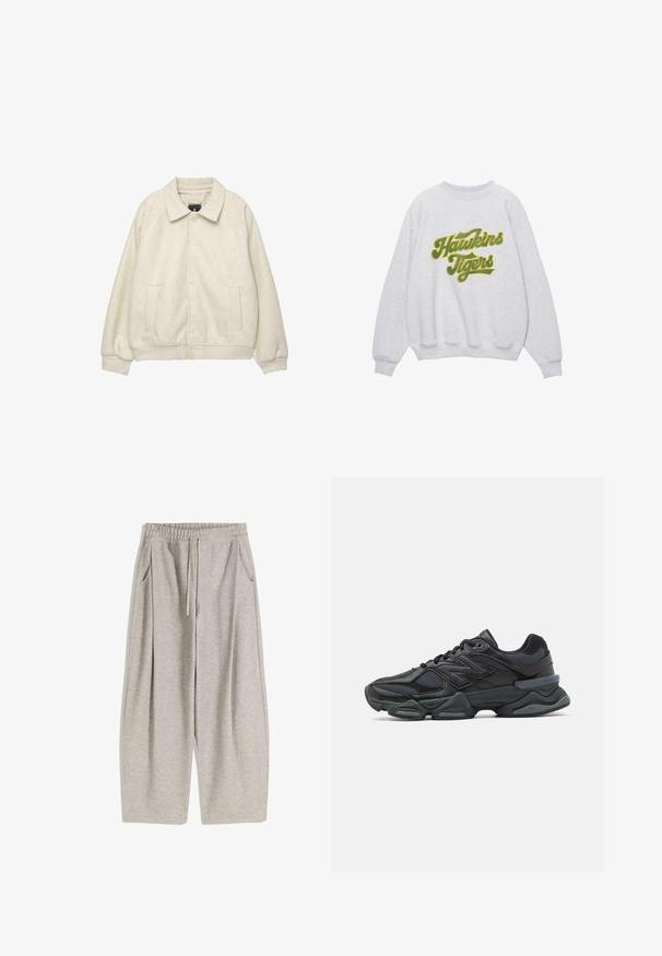 Lichtgrijze wollen blendjas met een kraag, sluiting met knopen aan de voorkant, twee zijzakken en ribbelmanchetten aan de onderkant. Zacht textuur, ontspannen pasvorm.; Grijze sweatshirt met de tekst "Hawkin's Tigers" in groene cursieve letters. Het ontwerp heeft geribde manchetten en een halslijn, met een zachte textuur.; Lichtgrijze sweatpants met een elastische tailleband, verstelbare trekkoord, twee zijzakken en losse, uitlopende benen. Zachte textuur, geplooid ontwerp.; Zwarte hardloopschoen met een mix van mesh en synthetische materialen, een stevige zool, gebogen ontwerp en prominente branding op de zijkant.