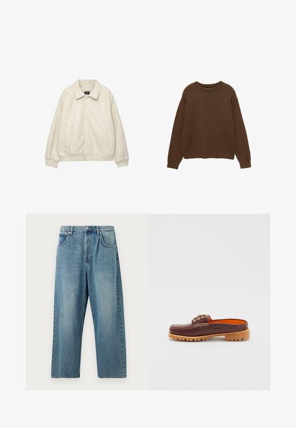 Svetlo siv usnjen plašč iz mešanice volne z ovratnikom, sprednjim gumbom, dvema stranskima žepoma in rebrastimi manšetami na robu. Mehka tekstura, sproščen kroj.; Rjav pleteni pulover z okroglo izrezom, dolgimi rokavi in sproščenim krojem. Gladka tekstura z rebrastimi manšetami in obrobo.; Svijetloplavi traperice s ravnim nogavicama, s dugmetom na prednjem dijelu, dva prednja džepa i klasičnom ispranom teksturom.; Rjave usnjene čevlje brez vezalk z zaobljenim nosom, teksturiranimi šivi, zlatimi luknjicami in tanjšo, robasto podplatko. Notranjost je v svetlo oranžni barvi.