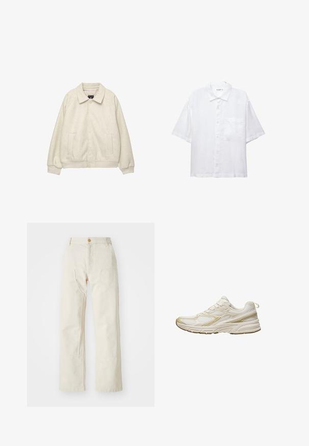 Világosszürke gyapjú keverék dzseki, gallérral, elöl gombos záródással, két oldalsó zsebből és bordázott mandzsettából a szegélyen. Puha tapintás, laza illeszkedés.; Fehér, rövid ujjú ing gombos elülső résszel, gallérral és egyetlen mellzsebbel. Könnyű anyagból készült, sima textúrával.; Beige széles szárú pamut nadrág, gombos záródással, két oldalsó zsebel és egyenes szabással, sima textúrával.; Fehér sportcipők, amelyek hálós és szintetikus anyagból készültek, lekerekített orral, párnázott talppal és bézs díszítésekkel az oldalán.