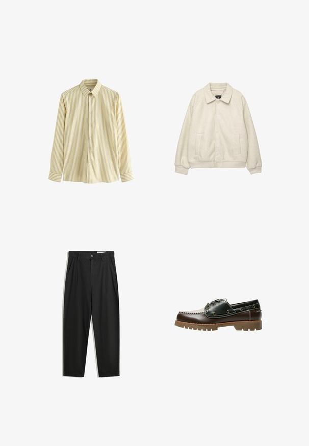 Giacca in misto lana grigio chiaro con colletto, chiusura frontale con bottoni, due tasche laterali e polsini a coste all'orlo. Texture morbida, vestibilità rilassata.; Camicia button-up gialla chiara con strisce verticali bianche e gialle più scure, maniche lunghe e colletto classico. Tessuto dalla consistenza liscia.; Pantaloni in cotone neri con una vestibilità rilassata, dotati di una vita classica, pieghe frontali e tasche laterali. Tessuto liscio senza fantasie.; Scarpe da barca in pelle marrone e verde con un design cucito bianco, lacci tondi e una suola in gomma testurizzata. Costruzione resistente con occhielli in metallo.