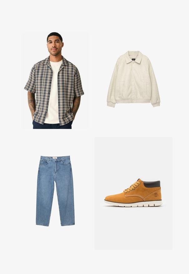 Svetlošedý vlnený kabát s golierom, predným zapínaním na gombíky, dvoma bočnými vreckami a pružnými manžetami na lemovaní. Mäkka textúra, uvoľnený strih.; Košeľa s krátkym rukávom s námorníckym, krémovým a hrdzavým károvaným vzorom, vyrobená z tkaninovej látky s voľným strihom a otvoreným golierom.; Svetlomodré džíny z denimu so strihom rovného nohavice, dizajnom s piatimi vreckami a viditeľnou značkovou etiketou na páse.; Hnedé semišové členkové topánky s polstrovaným golierom, so zlatými očkami a šnúrkami, kontrastným prešitím a bielou gumovou podrážkou.