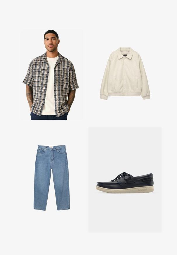 Hellgraue Wollmischung Jacke mit Kragen, vorderem Knopfverschluss, zwei seitlichen Taschen und gerippten Bündchen am Saum. Weiche Textur, lockere Passform.; Kurzarmhemd mit einem karierten Muster in Marineblau, Creme und Rostrot, aus einem gewebten Stoff gefertigt, mit lässigem Schnitt und offenem Kragen.; Hellblaue Denim-Jeans mit geradem Schnitt, Fünf-Taschen-Design und einem sichtbaren Markenlabel am Bund.; Marineblaue Lederbootschuhe mit niedrigem Profil, weißer Gummisohle, runden Schnürsenkeln und dekorativer Seitennähung; ausgestattet mit metallischen Ösen und Logo.
