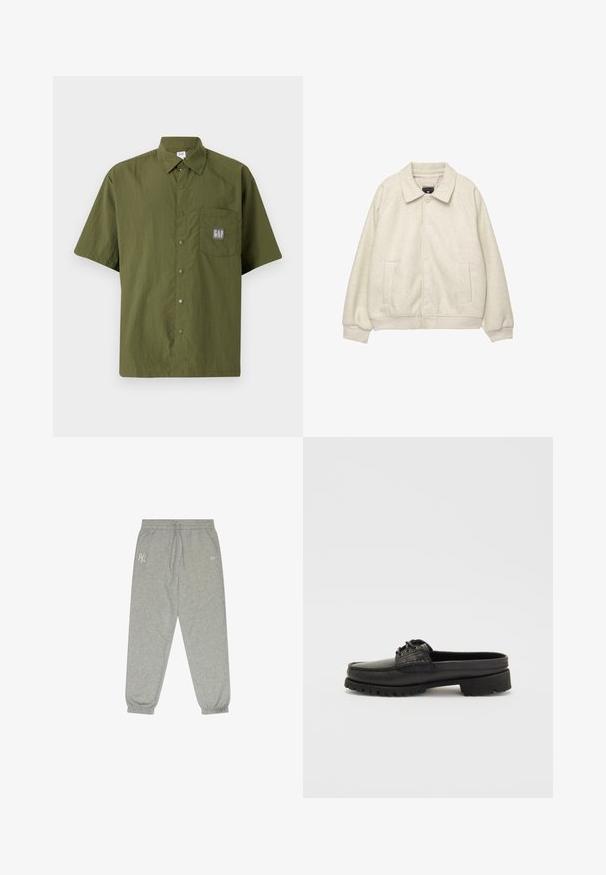 Vaaleanharmaa villasekoite takki, jossa on kaulus, etunapit, kaksi sivutaskua ja ribbireunukset helmassa. Pehmeä pinta, rento mitoitus.; Lyhytnuppinen paita oliivinvihreästä kankaasta, jossa on nappisuljenta kaulus. Paidassa on rintatasku, jossa on harmaa GAP-logo-patch.; Harmaat verkkarit, jotka on valmistettu pehmeästä kankaasta ja joissa on joustava vyötärö naruilla, joustavat hihansuut sekä brodeeratut logoyksityiskohdat.; Musta nahkainen slip-on-kenkä, jossa on nauhakiinnitys, pyöristetty kärki ja teksturoitu pohja. Sisältää hieman kohotetun kannan ja sileän pinnan.