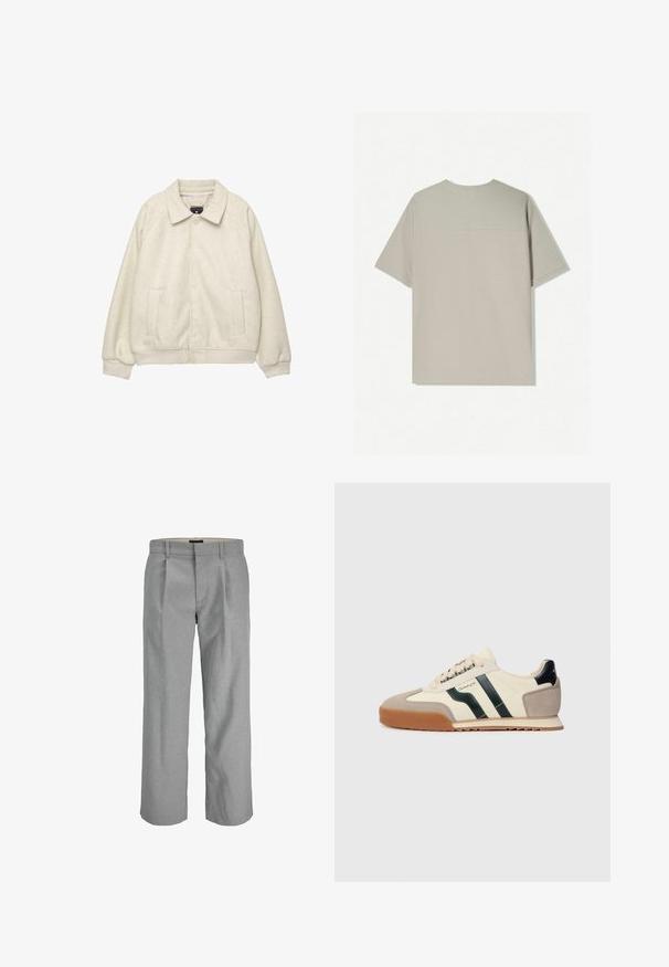 Lichtgrijze wollen blendjas met een kraag, sluiting met knopen aan de voorkant, twee zijzakken en ribbelmanchetten aan de onderkant. Zacht textuur, ontspannen pasvorm.; Beige katoenen t-shirt met korte mouwen. Heeft een eenvoudig ontwerp en een ronde halslijn. Gladde textuur met minimale stiksels op de achterkant.; Lichtgrijze broeken van een gestructureerde stof, met plooien aan de voorkant, rechte pijpen en een standaard tailleband voor sluiting.; Sneaker met een crèmekleurige canvas bovenkant, donkergroene strepen, beige suède neus en rubberen zool. Voorzien van ronde veters en een marineblauw accent op de hiel.
