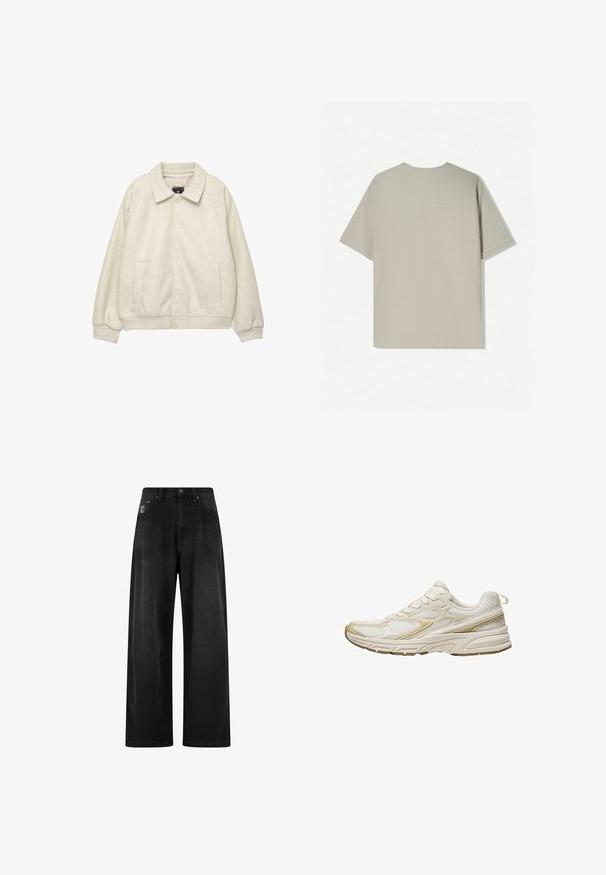 Svetlo siv usnjen plašč iz mešanice volne z ovratnikom, sprednjim gumbom, dvema stranskima žepoma in rebrastimi manšetami na robu. Mehka tekstura, sproščen kroj.; Bež bombažna majica s kratkimi rokavi. Ima preprost dizajn in okroglo ovratnico. Gladka tekstura z minimalnim šivom na hrbtni strani.; Široke črne denimske hlače z visokim pasom, ki imajo štiri žepke in majhno oznako na sprednji strani. Gladka tekstura, osnovna zasnova.; Bele športne čevlje iz mrežastega in sintetičnega materiala, z zaobljenim prstom, oblazinjeno podplatom in bež poudarki na straneh.