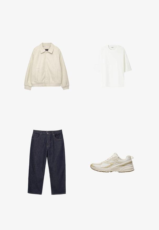 Vaaleanharmaa villasekoite takki, jossa on kaulus, etunapit, kaksi sivutaskua ja ribbireunukset helmassa. Pehmeä pinta, rento mitoitus.; Valkoinen lyhythihainen T-paita, joka on valmistettu puuvillasta. Paita on pyöreäkauluksinen ja siinä on rento istuvuus sekä suora helma.; Tummansiniset suorat farkut etuosan napilla ja vetoketjulla, joissa on viisi taskua, esitelty valkoista taustaa vasten.; Valkoiset urheilukengät, jotka on valmistettu verkkokankaasta ja synteettisestä materiaalista. Kengissä on pyöristetty kärki, pehmustettu pohja ja beige korostus sivuilla.