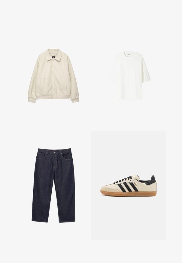 Světle šedá bunda z vlněné směsi s límcem, zapínáním na knoflíky vpředu, dvěma bočními kapsami a žebrovanými manžetami na spodním lemu. Měkká textura, pohodlný střih.; Bílá tričko s krátkým rukávem vyrobené z bavlny, se skládaným výstřihem a uvolněným střihem s rovním lemem.; Tmavě modré džíny s rovnými nohavicemi, s předním zapínáním na knoflík a zip, a pěti kapsami, vystavené na bílém pozadí.; Beige sportovní obuv s černými pruhy, gumovou podešví a černými akcenty. Disponuje hladkým koženým svrškem a zaobleným tvarem špičky.