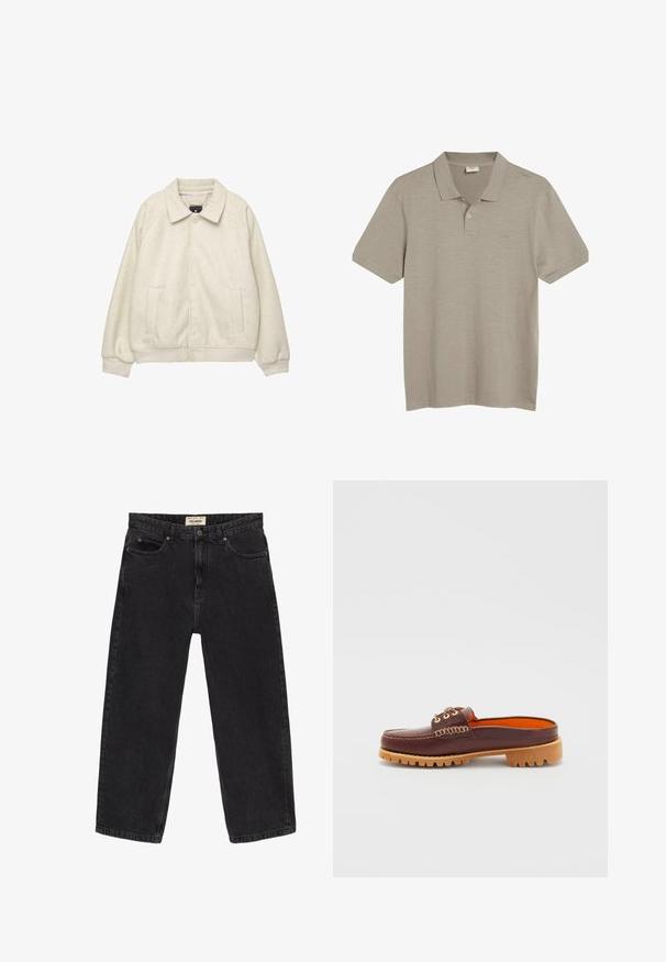 Jasnoszara kurtka z mieszanki wełny z kołnierzem, zapięcie na guziki z przodu, dwie boczne kieszenie i prążkowane mankiety u dołu. Miękka faktura, luźny krój.; Jasnobrązowa koszulka polo wykonana z miękkiej tkaniny. Ma klasyczny kołnierzyk, trzy guziki i krótkie rękawy. Gładka tekstura z delikatnym połyskiem.; Czarne dżinsy o luźnym kroju. Posiadają pięć kieszeni, zapięcie na guzik z przodu oraz detale przeszycia. Lekko wypłowiały wygląd.; Brązowy skórzany but wsuwany z zaokrąglonym czubkiem, teksturowanym detalem w postaci szwów, złotymi oczkami i brązową, ryflowaną podeszwą. Wnętrze ma jasnopomarańczowy kolor.