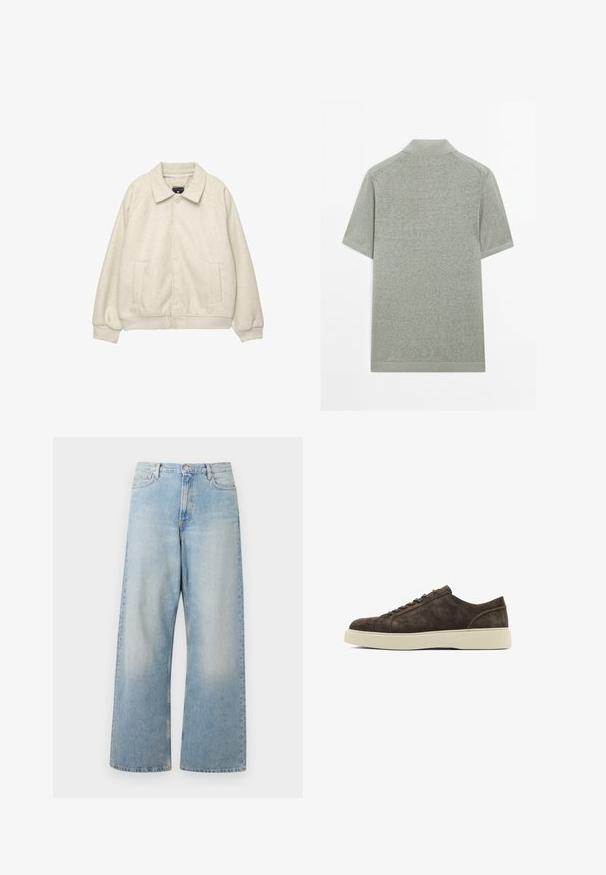 Lysegrå uldblandingsjakke med krave, frontknaplukning, to sidelommer og ribstrikkede manchetter i kanten. Blød tekstur, afslappet pasform.; Kortærmet polo skjorte i lysegrå, lavet af blødt stof med krave og ribbede manchetter. Tekstureret overflade med minimale detaljer.; Lys blå brede bukser lavet af denim, med høj talje, forlommer og en falmet vask med subtile slidte områder ved lårene.; Brune ruskind sneakers med en glat tekstur, rund tå, flad gummisål og enkelt snøredesign. Subtile stikninger på siderne.