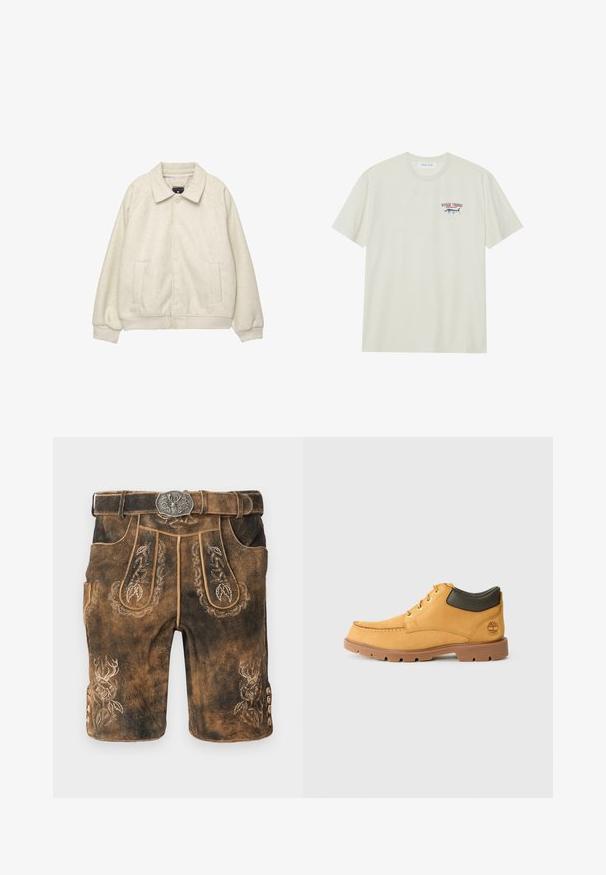 Ljust grå ullblandning jacka med krage, framknäppning med knappar, två sidofickor och ribbade muddar vid fållen. Mjuk textur, avslappnad passform.; Ljus krämfärgad bomulls t-shirt med korta ärmar. Har en liten blå och röd grafik av en marlin samt texten "MARLIN TROPHY".; Bruna lädershorts med intrikata broderier och ett silverfärgat spänne. Utsmyckade med lövmönster och en älgdesign på sidan.; Gul lädersko med brun gummisula, rund tå och grön läderdetalj vid vristen. Har guldöglor och sömnadsdetaljer.