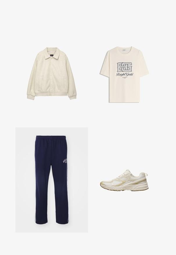 Lichtgrijze wollen blendjas met een kraag, sluiting met knopen aan de voorkant, twee zijzakken en ribbelmanchetten aan de onderkant. Zacht textuur, ontspannen pasvorm.; Crème-kleurige katoenen T-shirt met korte mouwen, voorzien van een marineblauw ruitpatroon en tekst: "Bright Guild" erboven en "WITH TIMELESS PUNCH" eronder.; Middengrijze joggingbroek met een elastische tailleband, witte zijstrepen en geborduurde tekst op het linkerbeen. Gemaakt van een zachte, ademende stof.; Witte sportieve schoenen van mesh en synthetisch materiaal, met een afgeronde neus, een gevoerde zool en beige accenten aan de zijkanten.