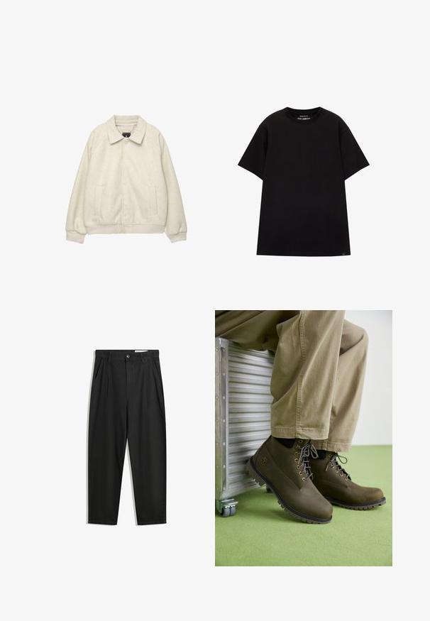 Svetlo siv usnjen plašč iz mešanice volne z ovratnikom, sprednjim gumbom, dvema stranskima žepoma in rebrastimi manšetami na robu. Mehka tekstura, sproščen kroj.; PULL&BEAR JOIN LIFE - Navadna majica - black; Črne bombažne hlače s sproščenim krojem, ki vključujejo klasičen pas, sprednje gube in stranske žepke. Gladka tekstura brez vzorcev.; Rjave usnjene gležnjarje z okroglo konico, sivo vezalko, ojačanimi očesi in teksturiranimi gumijastimi podplati, v kombinaciji z svetlo kačastimi hlačami.