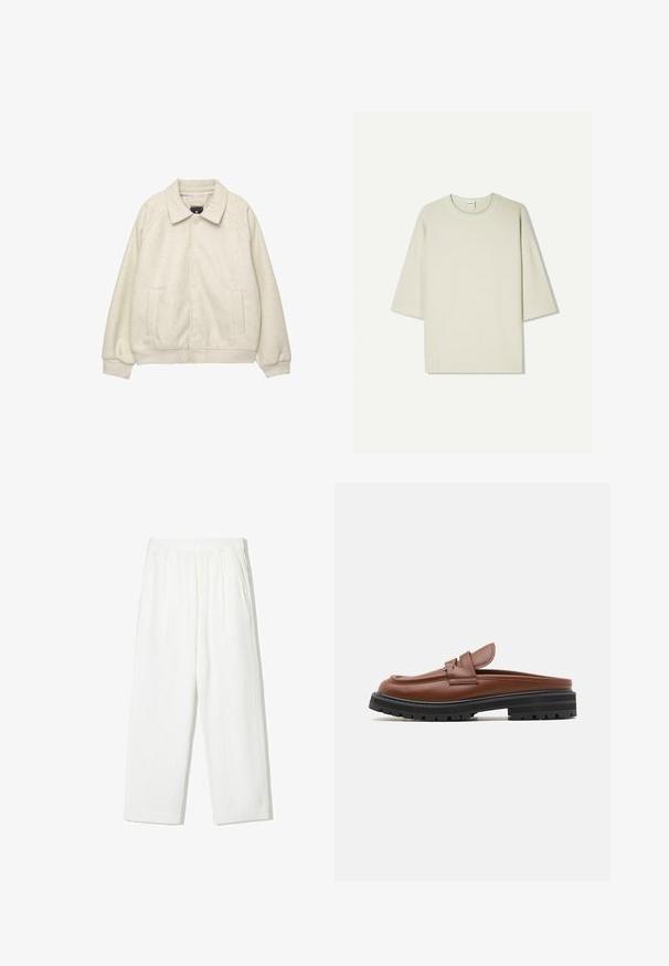 Light gray wool blend jacket with a collar, front button closure, two side pockets, and ribbed cuffs at the hem. Soft texture, relaxed fit.; Light beige oversized short-sleeve T-shirt made of cotton blend fabric; rounded neckline with stitching detail, relaxed fit, and no patterns.; White, wide-legged pants made of textured fabric. Features an elastic waistband and two side pockets. Casual, loose fit design.; Marni SABOT - Slip-ons - cognac