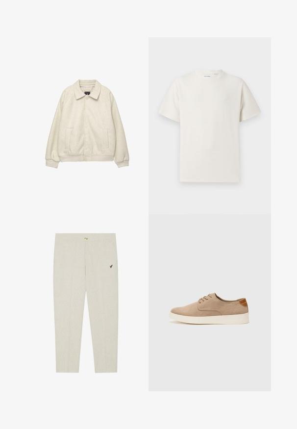 Ljust grå ullblandning jacka med krage, framknäppning med knappar, två sidofickor och ribbade muddar vid fållen. Mjuk textur, avslappnad passform.; Vit t-shirt med kort ärm i ribbad struktur. Rund halsringning, löst sittande passform, inga synliga mönster eller detaljer. Enkelt och mångsidigt design.; Ljusbeige skräddarsydda byxor med subtil textur, med en knappstängning och en broderad mörk emblem nära fickan.; Beige mockasinsneakers med rund tå, snörning fram och texturerad bakaxel. Vit gummisula ger kontrast. Enkelt och modernt design.