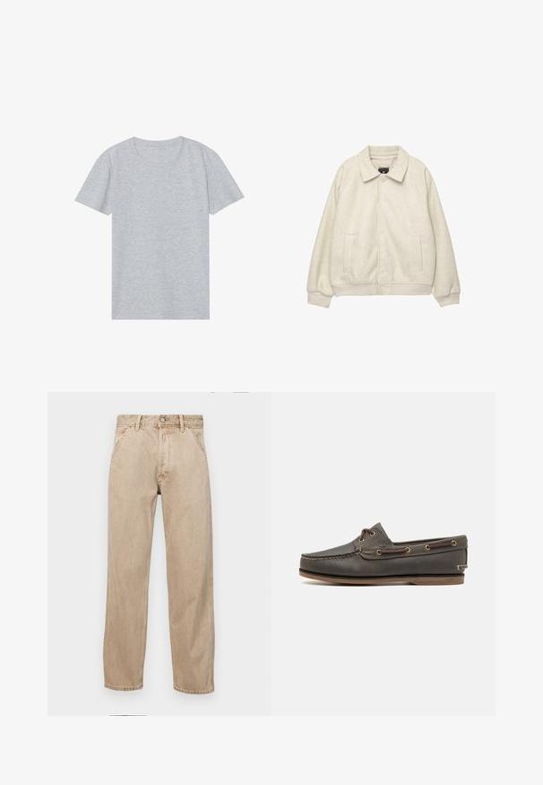 Hellgraue Wollmischung Jacke mit Kragen, vorderem Knopfverschluss, zwei seitlichen Taschen und gerippten Bündchen am Saum. Weiche Textur, lockere Passform.; Graues kurzärmliges T-Shirt aus weichem Baumwollmix, mit klassischem Rundhalsausschnitt und einer glatten, leichten Textur.; Beige Denim-Jeans mit geradem Beinschnitt, ausgestattet mit Vordertaschen, einem Metallknopfverschluss und feiner Textur.; Dunkelbraune Lederbootsschuh mit niedrigem Profil, ausgestattet mit Messingösen und kontrastierendem Stich, flacher Gummisohle und strukturiertem Finish.