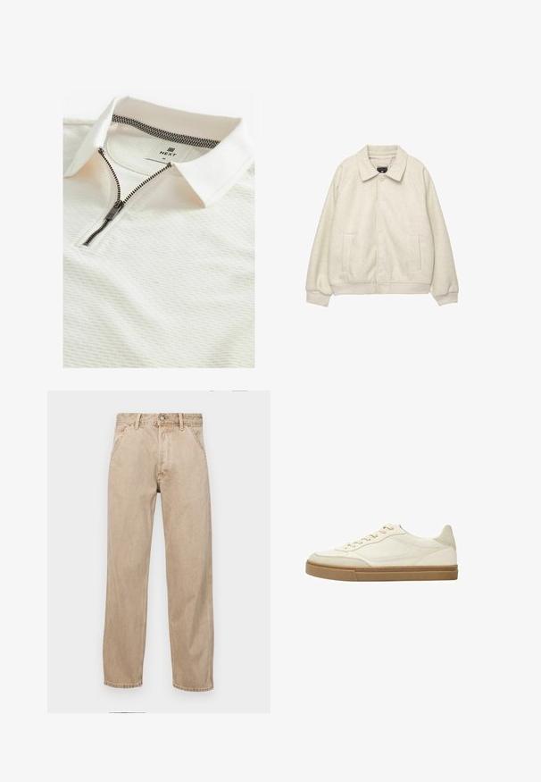 Giacca in misto lana grigio chiaro con colletto, chiusura frontale con bottoni, due tasche laterali e polsini a coste all'orlo. Texture morbida, vestibilità rilassata.; Polo bianco con un motivo testurizzato, chiusura con zip e interno del colletto a scacchi. L'etichetta riporta "NEXT" con la taglia "M."; Jeans in denim beige con un design a gamba dritta, dotati di tasche frontali, chiusura con bottone metallico e una texture delicata.; Sneaker bassa in pelle bianca con accenti beige e suola in gomma testurizzata. Caratterizzata da cuciture tonali e un design a punta rotonda.