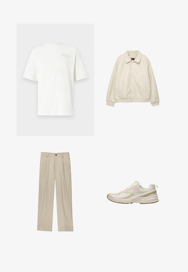 Svetlošedý vlnený kabát s golierom, predným zapínaním na gombíky, dvoma bočnými vreckami a pružnými manžetami na lemovaní. Mäkka textúra, uvoľnený strih.; Biele rebrované tričko s krátkymi rukávmi, zdobené malou vyšitou nášivkou v svetlohnedej farbe na ľavej strane hrudníka. Mäkkučká textúra a voľný strih.; Béžové nohavice s rovný strihom, s jedným čiernym gombíkom, pútkami na opasok a bočnými vreckami. Hladká textúra látky a minimálny dizajn.; Biele športové topánky vyrobené z textílie a syntetického materiálu, s oble zakrivenou špičkou, polstrovanou podrážkou a béžovými akcentmi po stranách.