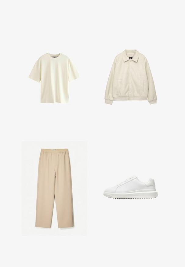 Hellgraue Wollmischung Jacke mit Kragen, vorderem Knopfverschluss, zwei seitlichen Taschen und gerippten Bündchen am Saum. Weiche Textur, lockere Passform.; Kurzarm-T-Shirt aus offweißem Baumwollmaterial, mit einem klassischen Rundhalsausschnitt und einem lockeren Schnitt, das eine glatte Textur aufweist und keine sichtbaren Muster oder Akzente hat.; Beige Weite-Hose mit einem elastischen Bund, aus weichem Stoff gefertigt, mit glatter Textur und minimalen Nähten.; Weißer Sneaker mit einem glatten synthetischen Obermaterial, runder Spitze, flachen Schnürsenkeln, strukturiertem Sohlen und einem geschichteten, Plattform-Design für zusätzlichen Halt.
