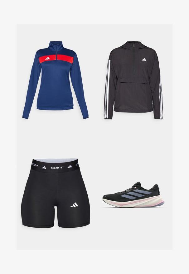 Must pakkjakk kerge materjalist. Omab pool-kattega lukuga esist, kapuutsi, esist kotti ja valgeid triibe varrukatel.; Tumes sinine pikkade varrukatega neljandik-zip top punase horisontaalse triibuga, valge logo, sile tekstuur ja keha lähedane disain. Stiilne ja funktsionaalne kangas.; Mustad mustad mustarid elastse materjaliga, millel on kehaümberpüüdmisel põhinev disain. Omab laia musta kummivöötlust, millel on kiri "TECHFIT" ja valge logo jalal.; Musts jooksujalanõud, millel on võrgusilmast ülemine osa, heledad lillad aktsendid ja kolm horisontaalset halli triipu. Omab mugavat polsterdatud tallat.