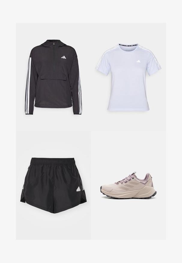 Zwarte trui-jack gemaakt van lichtgewicht materiaal. Kenmerken zijn een halve rits aan de voorkant, capuchon, voorzak en witte streeppatronen op de mouwen.; Lichtblauw sportshirt met korte mouwen, met een ronde halslijn, een netachtige textuur en drie witte strepen op de schouders met een klein logo.; adidas Sportswear TIRO CUT 3 STRIPES SUMMER SHORTS - Korte broeken - black; Lichtroze trailrunningschoen met een gestructureerd bovendeel, een gevoerde rand en een zwarte rubberen buitenzool met diepe noppen voor grip.