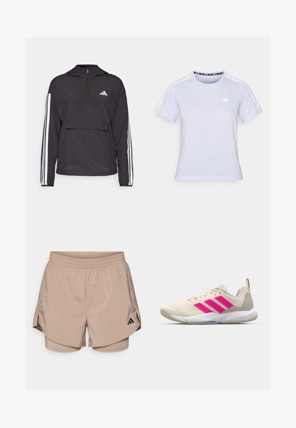 Chaqueta de pulóver negra fabricada con material ligero. Presenta un cierre de media cremallera en la parte delantera, capucha, bolsillo frontal tipo pouch y acentos de franjas blancas en las mangas.; Camiseta atlética de manga corta azul claro, con cuello redondo, textura parecida a la malla y tres rayas blancas en los hombros con un pequeño logo.; Pantalones cortos deportivos beige con cinturilla, que presentan aberturas laterales y pantalones interiores. Logo negro de Adidas en la parte inferior izquierda. Textura de tela suave.; Zapatilla deportiva beige con logo de tres rayas rosa, parte superior de malla texturizada, cuello acolchado y suela de goma blanca, con la marca "LIGHTSTRIKE".