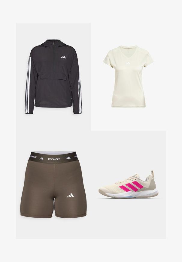 Veste à manches longues noire en matériau léger. Comprend un devant zippé à mi-hauteur, une capuche, une poche en avant et des accents en bande blanche sur les manches.; T-shirt de sport à col en V en tissu beige clair, à manches courtes, avec un logo Adidas blanc sur la poitrine et une texture le long de l'encolure.; adidas Performance Leggings - shadow olive; Baskets de sport beiges avec un logo à trois bandes roses, tige en maille texturée, col rembourré et semelle en caoutchouc blanc, arborant le marquage "LIGHTSTRIKE".