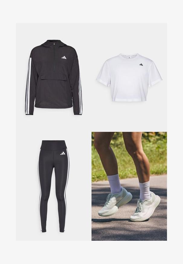 Mustapullover-takki, joka on tehty kevyestä materiaalista. Varustettu puolivetoketjulla edessä, hupulla, etutaskulla ja valkoisilla raidallisilla yksityiskohdilla hihoissa.; Valkoinen lyhythihainen t-paita, joka on valmistettu pehmeästä kankaasta. Pyöreä pääntie. Musta logo vasemmassa rinnassa.; Mustat legginsit korkealla vyötäröllä, joissa on valkoiset sivusuunnat ja pieni valkoinen logo vasemmassa yläreidessä. Valmistettu sileästä, joustavasta materiaalista.; Valaise minttivihreät urheilukengät, joissa on sileä pinta, pyöreä kärki ja paksu pohja. Yhdistettynä valkoisiin nilkkasukkaihin, esitetty liikkeessä polulla.
