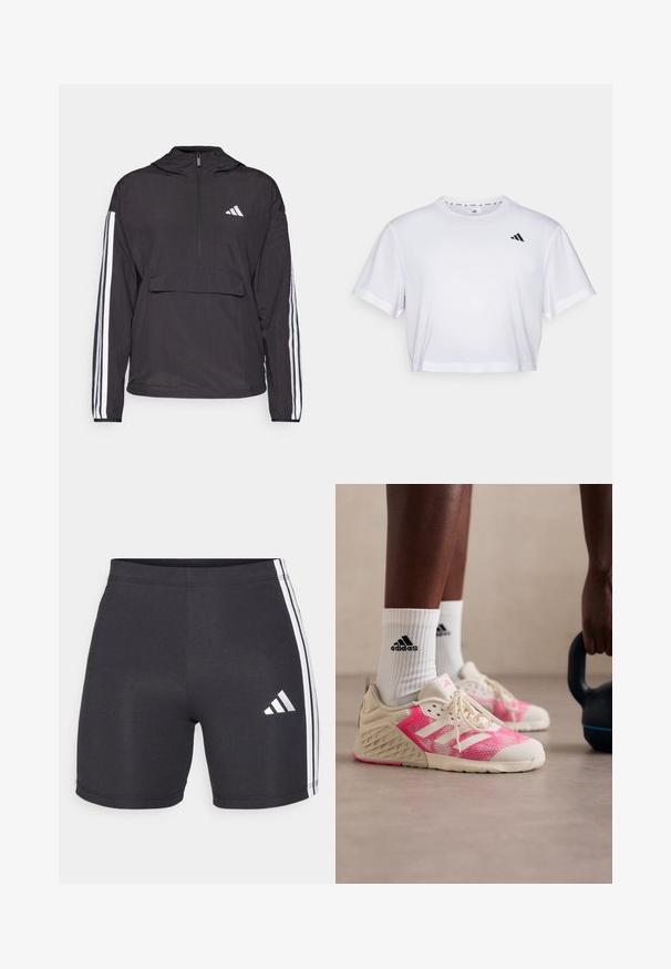 Schwarze Pulloverjacke aus leichtem Material. Mit einem halben Reißverschluss an der Vorderseite, Kapuze, vorderer Taschenklappe und weißen Streifenakzenten an den Ärmeln.; Weißes, kurzes T-Shirt aus weichem Stoff, mit kurzen Ärmeln und rundem Ausschnitt. Schwarzes Logo auf der linken Brust.; Schwarze sportliche Shorts aus dehnbarem Material, mit weißen Seitestreifen und einem Adidas-Logo am unteren rechten Bein. Glatte Textur.; Leichte Sportschuhe mit einem pinkfarbenen Mesh-Obermaterial, beigen Akzenten und weißen Schnürsenkeln. Texturierte Sohle mit schwarzer Markenverzierung auf den Socken.