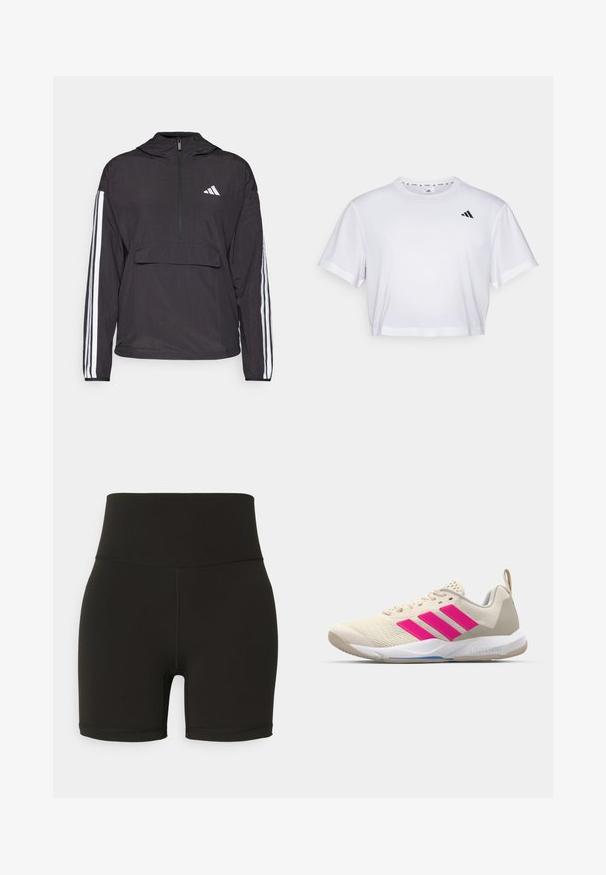 Černá pulovrová bunda vyrobená z lehkého materiálu. Obsahuje přední zip do poloviny, kapuci, přední kapsu na pouch a bílé pruhy na rukávech.; Bílý zkrácený tričko vyrobené z měkké látky, s krátkými rukávy a kulatým výstřihem. Černé logo na levé hrudi.; Černé vysoké cyklistické kraťasy z elastického materiálu, s bezešvým designem a prošitými detaily, končícími nad kolenem.; Béžová sportovní obuv s růžovým logem tří pruhů, texturovaným síťovaným svrškem, polstrovaným límcem a bílou gumovou podešví, s označením "LIGHTSTRIKE".