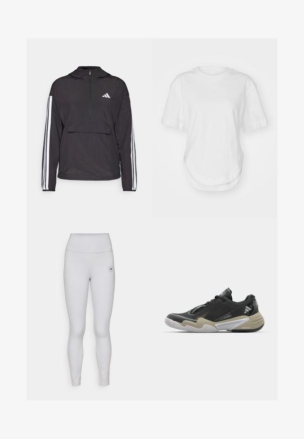 Veste à manches longues noire en matériau léger. Comprend un devant zippé à mi-hauteur, une capuche, une poche en avant et des accents en bande blanche sur les manches.; T-shirt en coton blanc avec un col rond, des manches courtes et un ourlet arrondi. Texture lisse, sans motifs ni accents.; Leggings gris clair avec une taille haute, texture lisse, et un petit logo noir sur la cuisse gauche. Détails de couture subtils tout au long.; Chaussure de sport noire et beige avec une tige texturée, un design de semelle proéminent, des accents réfléchissants et un système de laçage. Construction légère.