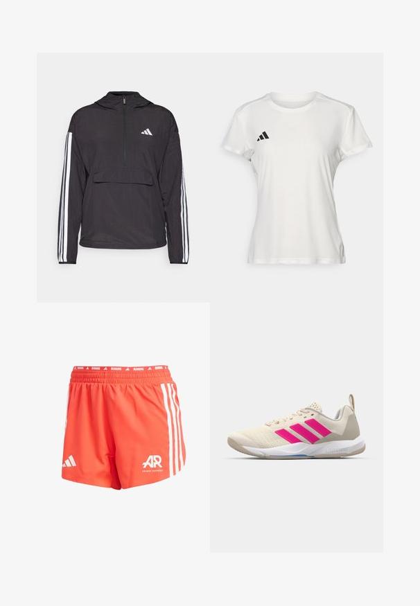 Giacca nera a pullover realizzata in materiale leggero. Caratterizzata da una zip frontale a metà, cappuccio, tasca frontale a busta e accenti a strisce bianche sulle maniche.; T-shirt sportivo bianco realizzato in tessuto traspirante. Maniche corte, colletto rotondo, presenta un logo nero e un emblema a tre strisce sul lato sinistro del petto.; Pantaloni da corsa Adidas di colore arancione brillante, realizzati in tessuto leggero, con strisce bianche sui lati, vita elastica e dettaglio del logo.; Scarpa sportiva beige con logo a tre strisce rosa, tomaia in rete testurizzata, collo imbottito e suola in gomma bianca, con il marchio "LIGHTSTRIKE".