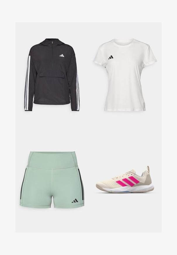Svart genserjakke laget av lett materiale. Har halv-glidelås foran, hette, frontlomme og hvite stripe detaljer på ermene.; Hvit treningst-skjorte laget av fukttransporterende stoff. Korte ermer, rund hals, med svart logo og tre-stripes emblem på venstre bryst.; Korte idrettsshorts i lys mintgrønn stoff, med svarte sidestreker og logo, samt flatlock-sømmer for økt komfort.; Beige atletik sko med rosa tre-stripes logo, teksturert mesh-overdel, polstret krage og hvit gummisåle, med "LIGHTSTRIKE" merke.